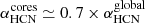 $ \alpha_{\mathrm{HCN}}^{\mathrm{cores}} \simeq 0.7 \times \alpha_{\mathrm{HCN}}^{\mathrm{global}} $
