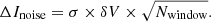 $$ \begin{aligned} \Delta I_{\rm noise} = \sigma \times \delta V \times \sqrt{N_{\rm window}}. \end{aligned} $$