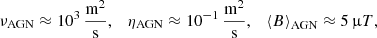 $$ \begin{aligned}&\nu _{\rm AGN}\approx 10^{3}\,\frac{\mathrm{m}^{2}}{\mathrm{s}},\quad \eta _{\rm AGN}\approx 10^{-1}\,\frac{\mathrm{m}^{2}}{\mathrm{s}},\quad \left\langle B\right\rangle _{\rm AGN} \approx 5\,\upmu {T},\end{aligned} $$