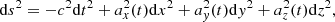 $$ \begin{aligned} \mathrm{d} s^{2} = - c^2\mathrm{d} t^2 + a_x^2(t) \mathrm{d} x^2 + a_{ y}^2(t) \mathrm{d} { y}^2 + a_z^2(t) \mathrm{d} z^2 , \end{aligned} $$