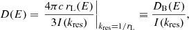 $$ \begin{aligned} D(E) = \left.\frac{4\pi c\,r_{\rm L}(E)}{3 I(k_{\rm res})}\right|_{k_{\rm res}=1/r_{\rm L}} \equiv \frac{D_{\rm B}(E)}{I(k_{\rm res})}, \end{aligned} $$