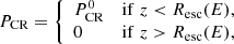 $$ \begin{aligned} P_{\rm CR} = \left\{ \begin{array}{ll} P^0_{\rm CR}&\mathrm{if}\; z< R_{\rm esc}(E),\\ 0&\mathrm{if}\; z>R_{\rm esc}(E), \end{array}\right. \end{aligned} $$