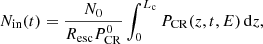 $$ \begin{aligned} N_{\rm in}(t) = \frac{N_0}{R_{\rm esc}P_{\rm CR}^0}\int _0^{L_{\rm c}} P_{\rm CR}(z, t, E)\, \mathrm{d}z, \end{aligned} $$