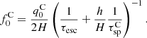 $$ \begin{aligned} f_0^\mathrm{C} = \frac{q_0^\mathrm{C}}{2H}\left(\frac{1}{\tau _{\rm esc}} + \frac{h}{H}\frac{1}{\tau _{\rm sp}^\mathrm{C}}\right)^{-1}. \end{aligned} $$