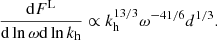 $$ \begin{aligned} \frac{\mathrm{d} F^\mathrm{L}}{\mathrm{d} \ln \omega \mathrm{d} \ln k_{\rm h}} \propto k_{\rm h}^{13/3} \omega ^{-41/6}d^{1/3}. \end{aligned} $$