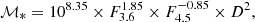 $$ \begin{aligned} \mathcal{M} _{*} = 10^{8.35} \times F_{3.6}^{1.85} \times F_{4.5}^{-0.85} \times D^{2}, \end{aligned} $$