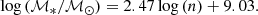 $$ \begin{aligned} \log \,(\mathcal{M} _{*}/\mathcal{M} _{\odot }) = 2.47\log \,(n) + 9.03. \end{aligned} $$