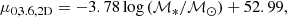 $$ \begin{aligned} \mu _{0,3.6, \mathrm{2D}} = -3.78\log \,(\mathcal{M} _{*}/\mathcal{M} _{\odot }) + 52.99, \end{aligned} $$