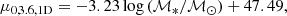 $$ \begin{aligned} \mu _{0,3.6, \mathrm{1D}} = -3.23\log \,(\mathcal{M} _{*}/\mathcal{M} _{\odot }) + 47.49, \end{aligned} $$