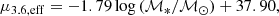 $$ \begin{aligned} \mu _{3.6, \mathrm{eff}} = -1.79\log \,(\mathcal{M} _{*}/\mathcal{M} _{\odot }) + 37.90, \end{aligned} $$