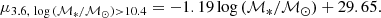 $$ \begin{aligned} \mu _{3.6,\ \log \,(\mathcal{M} _{*}/\mathcal{M} _{\odot }) > 10.4} = - 1.19\log \,(\mathcal{M} _{*}/\mathcal{M} _{\odot }) + 29.65. \end{aligned} $$