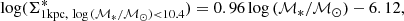 $$ \begin{aligned} \log (\Sigma ^{*}_{1\mathrm{kpc},\ \log \,(\mathcal{M} _{*}/\mathcal{M} _{\odot }) < 10.4}) = 0.96\log \,(\mathcal{M} _{*}/\mathcal{M} _{\odot }) - 6.12, \end{aligned} $$