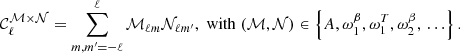 $$ \begin{aligned} \mathcal{C} _\ell ^{\mathcal{M} \times \mathcal{N} } = \sum _{m, m^\prime = -\ell }^{\ell } \mathcal{M} _{\ell m} \mathcal{N} _{\ell m^\prime }, \; \mathrm{with}\; (\mathcal{M} ,\mathcal{N} )\in \left\{ A,\omega ^{\beta }_1,\omega ^{T}_1, \omega ^{\beta }_2,\,\ldots \right\} . \end{aligned} $$