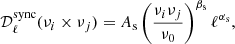 $$ \begin{aligned} \mathcal{D} ^\mathrm{sync}_\ell (\nu _i \times \nu _j) = A_{\rm s} \left(\frac{\nu _i \nu _j}{\nu _0}\right)^{\beta _{\rm s}} \ell ^{\alpha _{\rm s}}, \end{aligned} $$