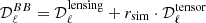 $ {\mathcal{D} }_{\ell }^{BB} =\mathcal{D} _{\ell }^{\mathrm{lensing}} + r_{\rm sim} \cdot \mathcal{D} _{\ell }^{\mathrm{tensor}} $