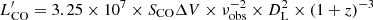 $ L_{\mathrm{CO}}^\prime=3.25\times10^{7}\times S_{\mathrm{CO}}\Delta V\times\nu_{\mathrm{obs}}^{-2}\times D_{\mathrm{L}}^{2}\times(1+z)^{-3} $