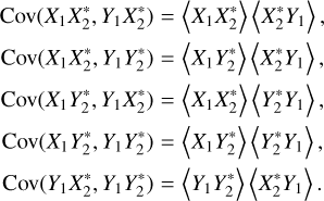 $\matrix{ {{\rm{Cov}}({{\rm{X}}_1}X_2^*,\;{Y_1}X_2^*) = \left\langle {{X_1}X_2^*} \right\rangle \left\langle {X_2^*{Y_1}} \right\rangle,} \cr {{\rm{Cov}}({X_1}X_2^*,\;{Y_1}Y_2^*) = \left\langle {{X_1}Y_2^*} \right\rangle \left\langle {X_2^*{Y_1}} \right\rangle,} \cr {{\rm{Cov}}({X_1}Y_2^*,\;{Y_1}X_2^*) = \{ \left\langle {{X_1}X_2^*} \right\rangle \} \left\langle {Y_2^*{Y_1}} \right\rangle,} \cr {{\rm{Cov}}({X_1}Y_2^*,\;{Y_1}Y_2^*) = \left\langle {{X_1}Y_2^*} \right\rangle \left\langle {Y_2^*{Y_1}} \right\rangle,} \cr {{\rm{Cov}}({Y_1}X_2^*,\;{Y_1}Y_2^*) = \left\langle {{Y_1}Y_2^*} \right\rangle \left\langle {X_2^*{Y_1}} \right\rangle } \cr } $