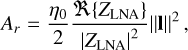 ${A_r} = {{{\eta _0}} \over 2}{{\Re \{ {Z_{{\rm{LNA}}}}\} } \over {|{Z_{{\rm{LNA}}}}{|^2}}}1{^2},$