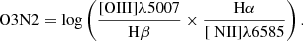 $$ \begin{aligned} \mathrm{O3N2} =\log \left({\frac{[\mathrm{OIII}]\lambda 5007}{\mathrm{H} \beta }\times \frac{\mathrm{H} \alpha }{[\text{ NII}]\lambda 6585}}\right) .\end{aligned} $$