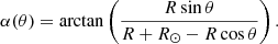 $$ \begin{aligned} \alpha (\theta )= \arctan {\left(\frac{R \sin \theta }{R+R_{\odot }-R \cos \theta }\right).} \, \end{aligned} $$
