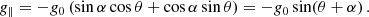 $$ \begin{aligned} g_\parallel = -{{g_0}}\, (\sin \alpha \cos \theta + \cos \alpha \sin \theta ) = -{{g_0}}\sin (\theta + \alpha ) \,. \end{aligned} $$