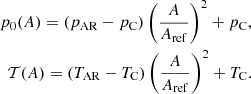 $$ \begin{aligned} p_0(A)=\left(p_{\rm AR}-p_{\rm C}\right)\left(\frac{A}{A_{\rm ref}}\right)^2+p_{\rm C},\nonumber \\ \mathcal{T}(A)=\left(T_{\rm AR}-T_{\rm C}\right)\left(\frac{A}{A_{\rm ref}}\right)^2+T_{\rm C}. \end{aligned} $$