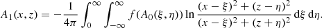 $$ \begin{aligned} A_1(x,z)=-\frac{1}{4 \pi }\int _{0}^{\infty } \int _{-\infty }^{\infty } f(A_0(\xi ,\eta )) \ln {\frac{(x-\xi )^2+(z-\eta )^2}{(x-\xi )^2+(z+\eta )^2}}\, \mathrm{d}\xi \,\mathrm{d}\eta . \end{aligned} $$