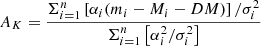 $$ \begin{aligned} A_K = {{\Sigma _{i=1}^n \left[\alpha _i (m_i - M_i - DM)\right] / \sigma _i^2 } \over {\Sigma _{i=1}^n \left[\alpha _i^2 / \sigma _i^2\right]}} \end{aligned} $$