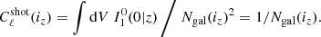 $$ \begin{aligned}&C_\ell ^\mathrm{shot}(i_z) = \int \mathrm{d} V \ I_1^0(0|z) \, \Bigg / \ N_{\rm gal}(i_z)^2 = 1/N_{\rm gal}(i_z) . \end{aligned} $$