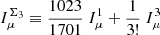 $$ \begin{aligned} I_\mu ^{\Sigma _3} \equiv \frac{1023}{1701} \ I_\mu ^{1} + \frac{1}{3!} \ I_\mu ^{3} \end{aligned} $$