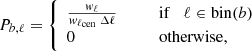 $$ \begin{aligned} P_{b,\ell } = \left\{ \begin{array}{ll} \frac{{ w}_\ell }{{ w}_{\ell _{\rm cen}} \, \Delta \ell }&\qquad \mathrm{if} \quad \ell \in \mathrm{bin}(b) \\ 0&\qquad \mathrm{otherwise} , \\ \end{array} \right. \end{aligned} $$