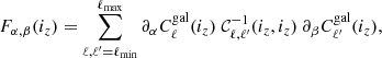 $$ \begin{aligned} F_{\alpha ,\beta }(i_z) = \sum _{\ell ,\ell^\prime =\ell _{\rm min}}^{\ell _{\rm max}} \partial _\alpha C_\ell ^\mathrm{gal}(i_z) \ \mathcal{C} ^{-1}_{\ell ,\ell^\prime }(i_z,i_z) \ \partial _\beta C_{\ell^\prime }^\mathrm{gal}(i_z), \end{aligned} $$