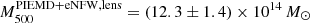 $ M^{\mathrm{PIEMD+eNFW,lens}}_{500} = (12.3 \pm 1.4) \times 10^{14}\,M_{\odot} $
