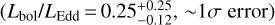 Mathematical equation: $\left({{{{L_{{\rm{bol}}}}} \mathord{\left/ {\vphantom {{{L_{{\rm{bol}}}}} {{L_{{\rm{Edd}}}}}}} \right. \kern-\nulldelimiterspace} {{L_{{\rm{Edd}}}}}} = 0.25_{- 0.12}^{+ 0.25},\~1\sigma \,{\rm{error}}} \right)$