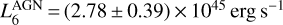 Mathematical equation: $L_6^{{\rm{AGN}}} = \left({2.78 \pm 0.39} \right) \times {10^{45}}\,{\rm{erg}}{{\rm{s}}^{- {\rm{1}}}}$
