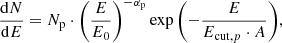 $$ \begin{aligned} \frac{\mathrm{d} N}{\mathrm{d} E} = N_{\rm p} \cdot \left(\frac{E}{E_0}\right)^{-\alpha _{\rm p}} \exp {\left(-\frac{E}{E_{\mathrm{cut}, p}\cdot A}\right)}, \end{aligned} $$