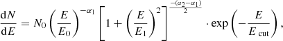 $$ \begin{aligned} \frac{\mathrm{d} N}{\mathrm{d}E} = N_0 \left(\frac{E}{E_0}\right)^{-\alpha _1} \left[ 1 + \left( \frac{E}{E_1}\right)^2 \right]^{\frac{-(\alpha _2 - \alpha _1)}{2}} \cdot \exp \left(-\frac{E}{E_{\text{ cut}}}\right), \end{aligned} $$