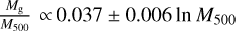 ${{{M_{\rm{g}}}} \over {{M_{500}}}} \propto 0.037 \pm 0.006\ln {M_{500}}$