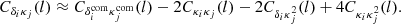 $$ \begin{aligned} C_{\delta _i \kappa _j}(l)\approx C_{\delta ^\mathrm{com}_i \kappa ^\mathrm{com}_j}(l)-2 C_{\kappa _i \kappa _j}(l)-2 C_{\delta _i \kappa _j^2}(l)+ 4 C_{\kappa _i \kappa _j^2}(l). \end{aligned} $$