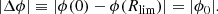 $$ \begin{aligned} |\Delta \phi | \equiv |\phi (0) - \phi (R_\mathrm{lim} )| = | \phi _0 |. \end{aligned} $$