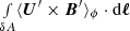 $ \smallint_{\delta A} \langle \boldsymbol{U}^\prime \times \boldsymbol{B}^\prime\rangle_\phi \cdot\mathrm{d}\boldsymbol \ell $