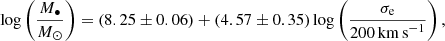 $$ \begin{aligned} \log \left( \dfrac{M_{\bullet }}{M_{\odot }} \right) = (8.25 \pm 0.06) + (4.57 \pm 0.35) \log \left( \dfrac{\sigma _{\rm e}}{200 \, \mathrm{km\,s}^{-1}} \right) , \end{aligned} $$