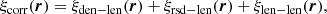 $$ \begin{aligned} \xi _{\mathrm{corr} }(\boldsymbol{r}) = \xi _{\mathrm{den-len} }(\boldsymbol{r}) + \xi _{\mathrm{rsd-len} }(\boldsymbol{r}) + \xi _{\mathrm{len-len} }(\boldsymbol{r}), \end{aligned} $$