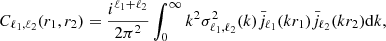 $$ \begin{aligned} C_{\ell _1, \ell _2}(r_1,r_2) = \frac{i^{\ell _1+\ell _2}}{2\pi ^2} \int _0^\infty k^2 \sigma ^2_{\ell _1, \ell _2}(k) \bar{j}_{\ell _1}(k r_1) \bar{j}_{\ell _2}(k r_2) \mathrm{d} k, \end{aligned} $$