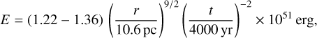 $E = (1.22 - 1.36){\left({{r \over {10.6pc}}} \right)^{9/2}}{\left({{t \over {4000yr}}} \right)^{- 2}} \times {10^{51}}erg,$