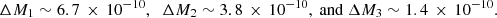 $$ \begin{aligned} \Delta M_{1}\sim 6.7\,\times \, 10^{-10},\;\; \Delta M_{2}\sim 3.8\,\times \, 10^{-10}, \text{ and } \Delta M_{3} \sim 1.4\,\times \, 10^{-10}. \end{aligned} $$