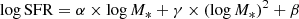 $$ \begin{aligned}&\log \mathrm{SFR} = \alpha \times \log M_{*} + \gamma \times (\log M_{*})^2 + \beta \end{aligned} $$