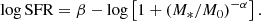 $$ \begin{aligned}&\log \mathrm{SFR} = \beta - \log \left[1 + (M_*/M_0)^{-\alpha }\right]. \end{aligned} $$