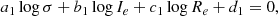 $$ \begin{aligned} a_1 \log \sigma + b_1\log I_e + c_1 \log R_e + d_1 = 0 ,\end{aligned} $$