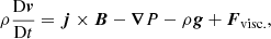 $$ \begin{aligned} \rho \frac{{\mathrm{D}\boldsymbol{v}}}{{\mathrm{D}t}} = \boldsymbol{j} \times \boldsymbol{B} - \boldsymbol{\nabla } P - \rho \boldsymbol{g} + \boldsymbol{F}_{\mathrm{visc.}}, \end{aligned} $$